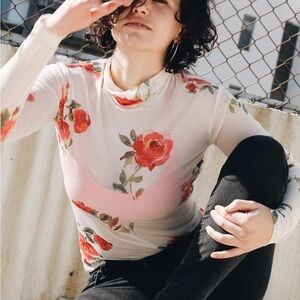 Mesh Sheer Floral Mock Neck Slim Fit Long Sleeve Blouse Beige Pink Red